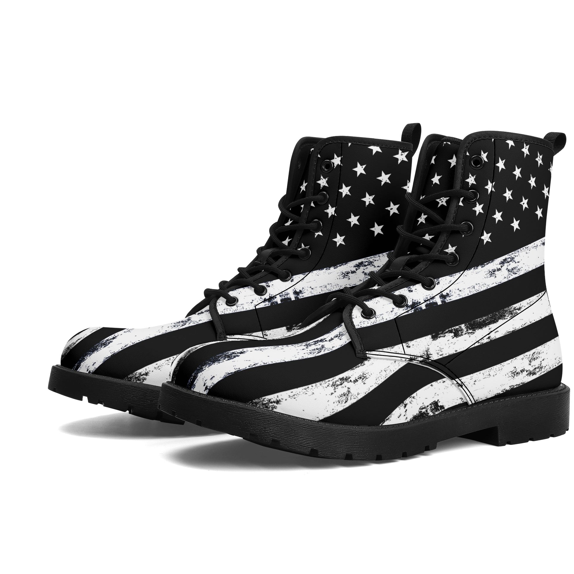 Black American Flag Men Leather Boots, Distressed Stars Stripes USA Patriotic Lace Up Shoes Festival Ankle Combat Work Hiking Gift Starcove Fashion