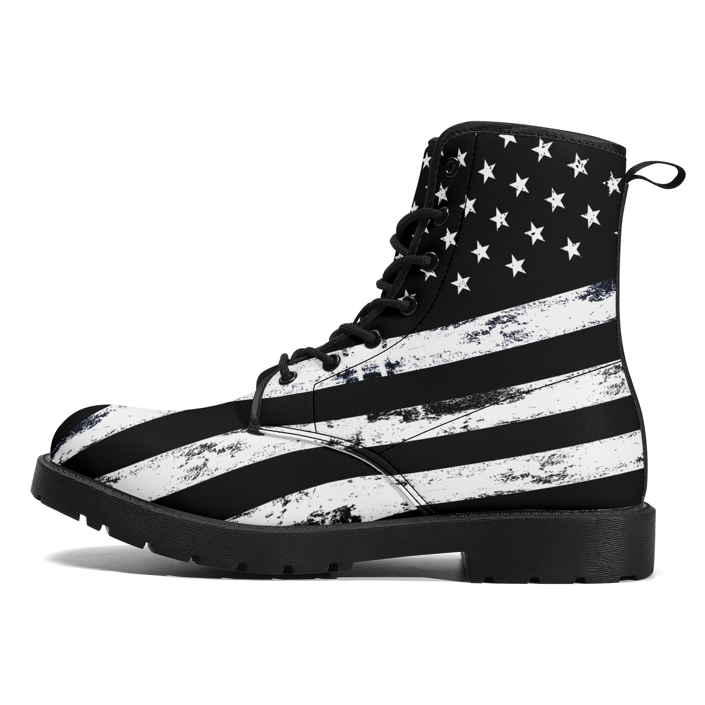 Black American Flag Men Leather Boots, Distressed Stars Stripes USA Patriotic Lace Up Shoes Festival Ankle Combat Work Hiking Gift Starcove Fashion
