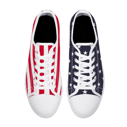 American Flag Women Shoes, Stars Stripes Red White Blue Patriotic USA Sneakers Canvas White Low Top Lace Up Girls Aesthetic Flat Shoes
