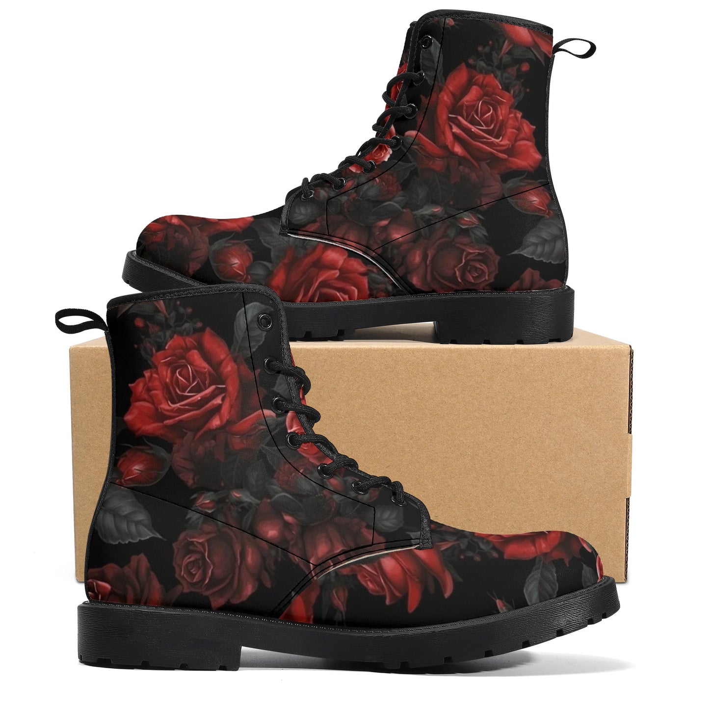 Red Roses Women Leather Boots, Floral Print Vegan Lace Up Shoes Hiking Black Ankle Combat Work Custom Army Waterproof Ladies Starcove Fashion