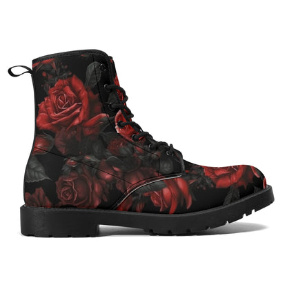 Red Roses Women Leather Boots, Floral Print Vegan Lace Up Shoes Hiking Black Ankle Combat Work Custom Army Waterproof Ladies Starcove Fashion