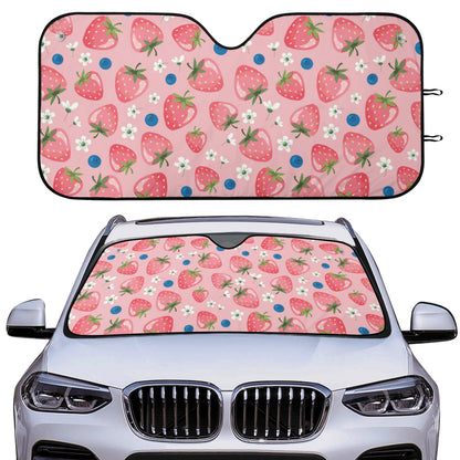 Pink Strawberry Car Sun Shade, Fruit Front Windshield Coverings Blocker Auto Protector Window Visor Screen Cover Men Women SUV Truck