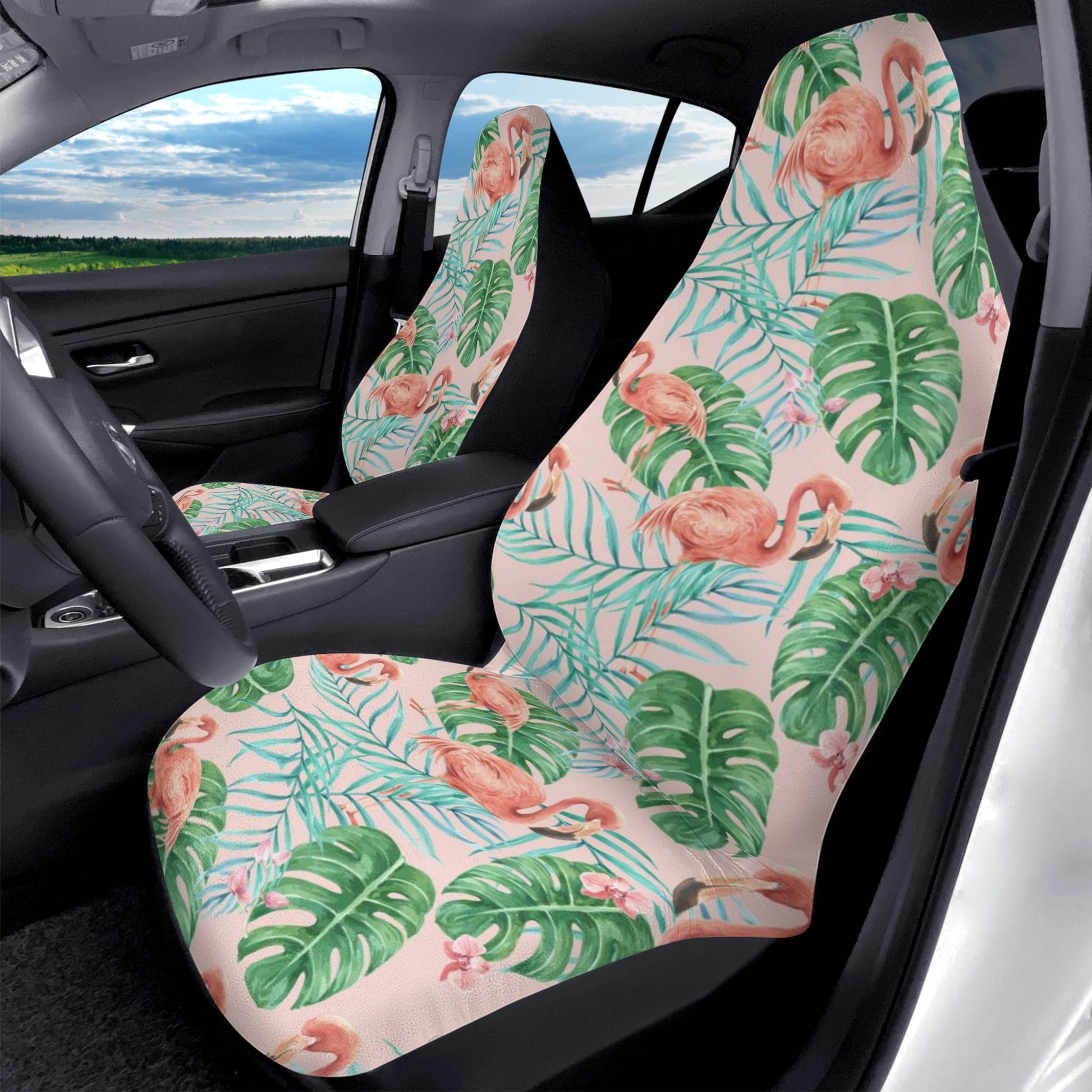 Pink Flamingo Car Seat Covers (2 pcs), Tropical Green Pattern Cute Front Seat Dog Vehicle SUV Universal Protector Accessory Men Women Starcove Fashion