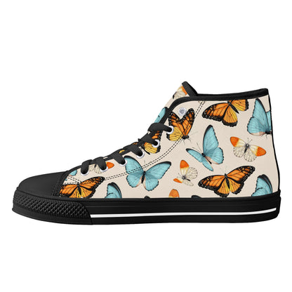 Butterfly Women High Top Shoes, Monarch Lace Up Sneakers Footwear Canvas Streetwear Girls Designer White Black Gift Idea