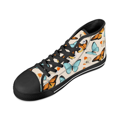 Butterfly Women High Top Shoes, Monarch Lace Up Sneakers Footwear Canvas Streetwear Girls Designer White Black Gift Idea