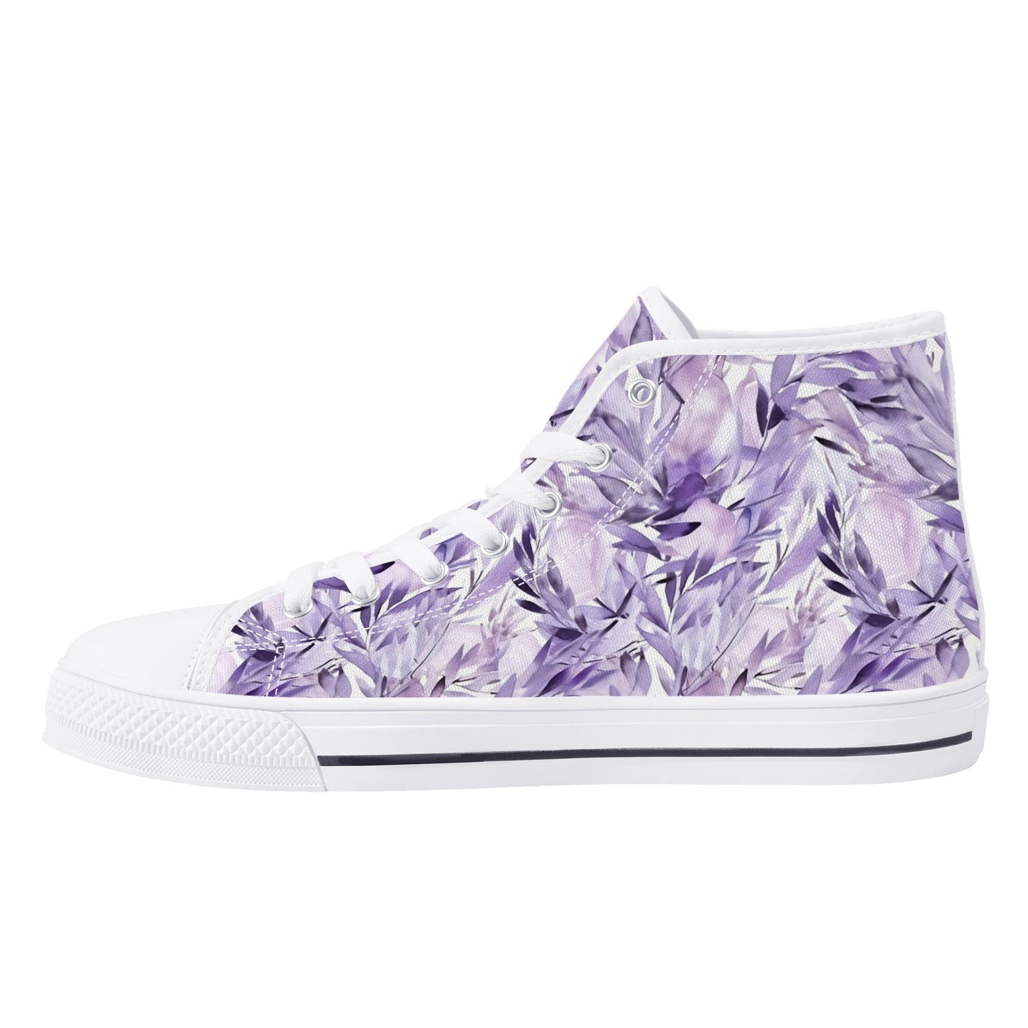 Lavender Women High Top Shoes, Watercolor Floral Flowers Lace Up Sneakers Footwear Canvas Streetwear Girls White Black Designer