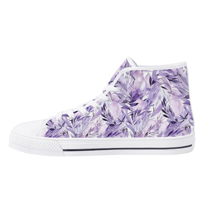 Lavender Women High Top Shoes, Watercolor Floral Flowers Lace Up Sneakers Footwear Canvas Streetwear Girls White Black Designer Starcove Fashion