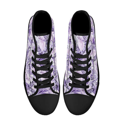 Lavender Women High Top Shoes, Watercolor Floral Flowers Lace Up Sneakers Footwear Canvas Streetwear Girls White Black Designer