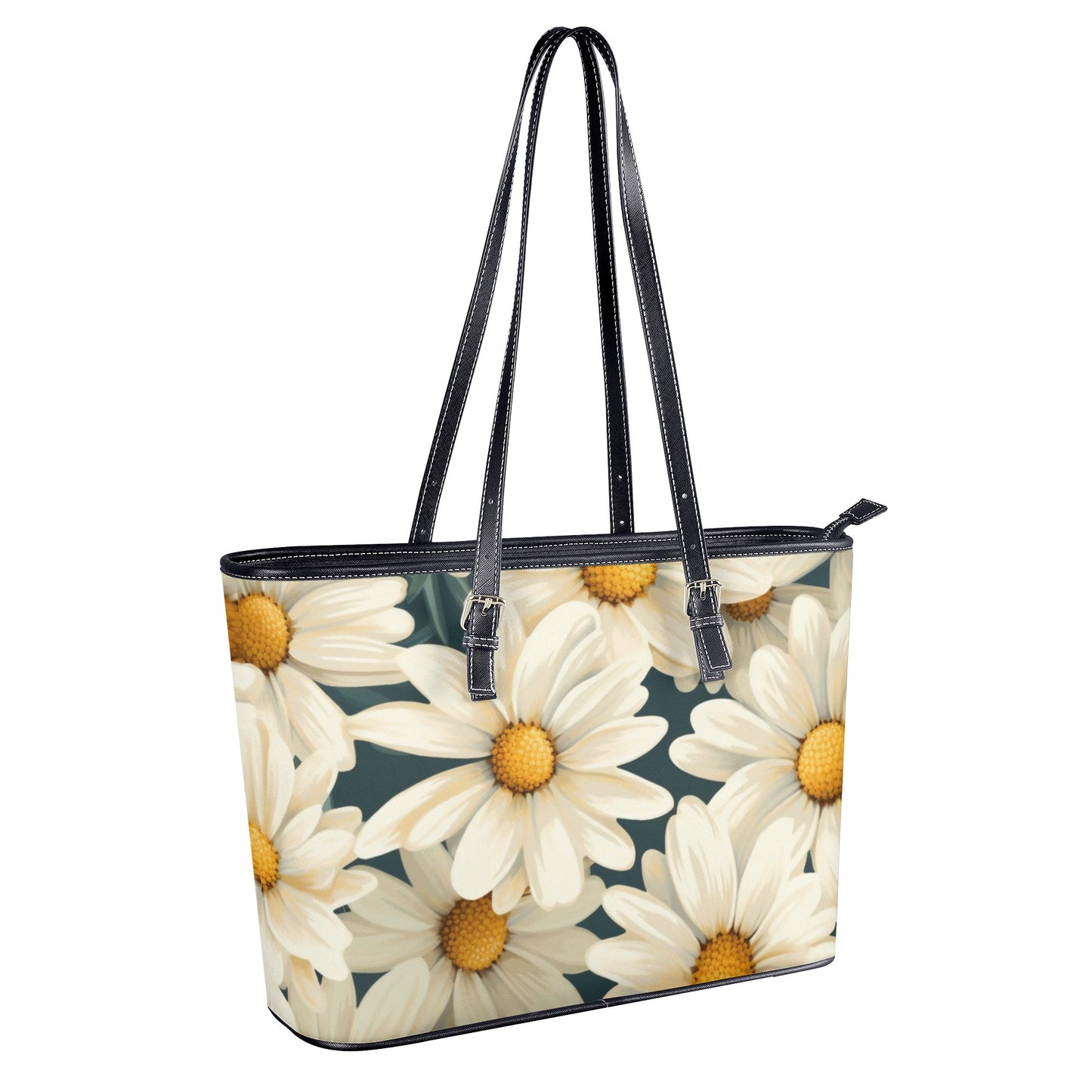 Daisy Tote Bag Purse, White Flowers Floral Vegan Leather Print Handbag Women Zip Top Small Large Designer Handmade Shoulder