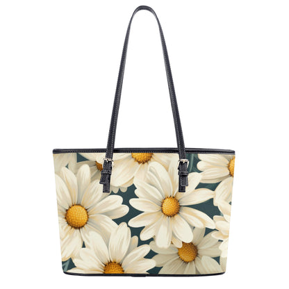 Daisy Tote Bag Purse, White Flowers Floral Vegan Leather Print Handbag Women Zip Top Small Large Designer Handmade Shoulder
