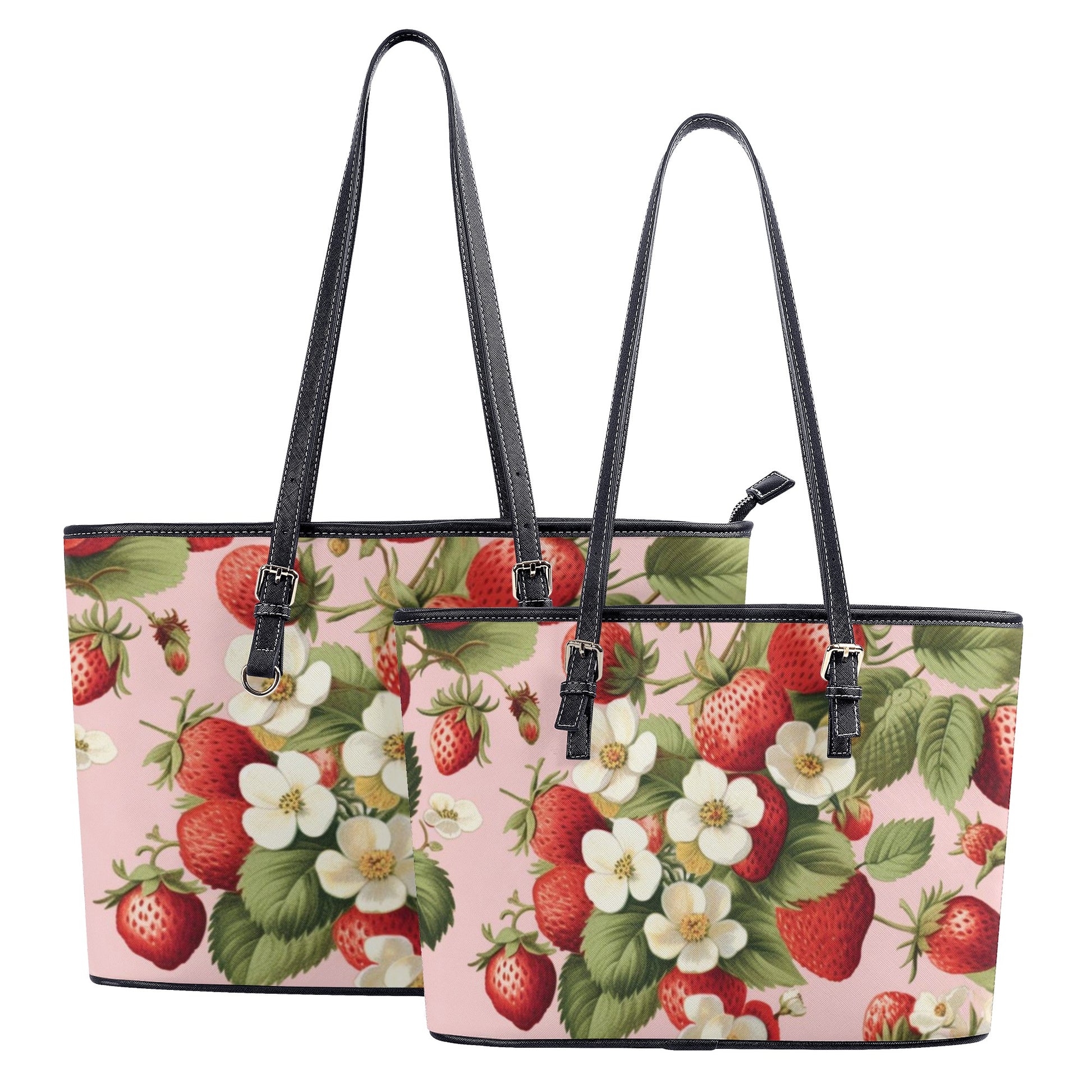 Strawberry Tote Bag Purse, Pink Floral Flowers Vegan Leather Print Handbag Women Zip Top Small Large Designer Handmade Shoulder Starcove Fashion