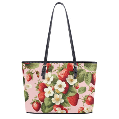 Strawberry Tote Bag Purse, Pink Floral Flowers Vegan Leather Print Handbag Women Zip Top Small Large Designer Handmade Shoulder Starcove Fashion
