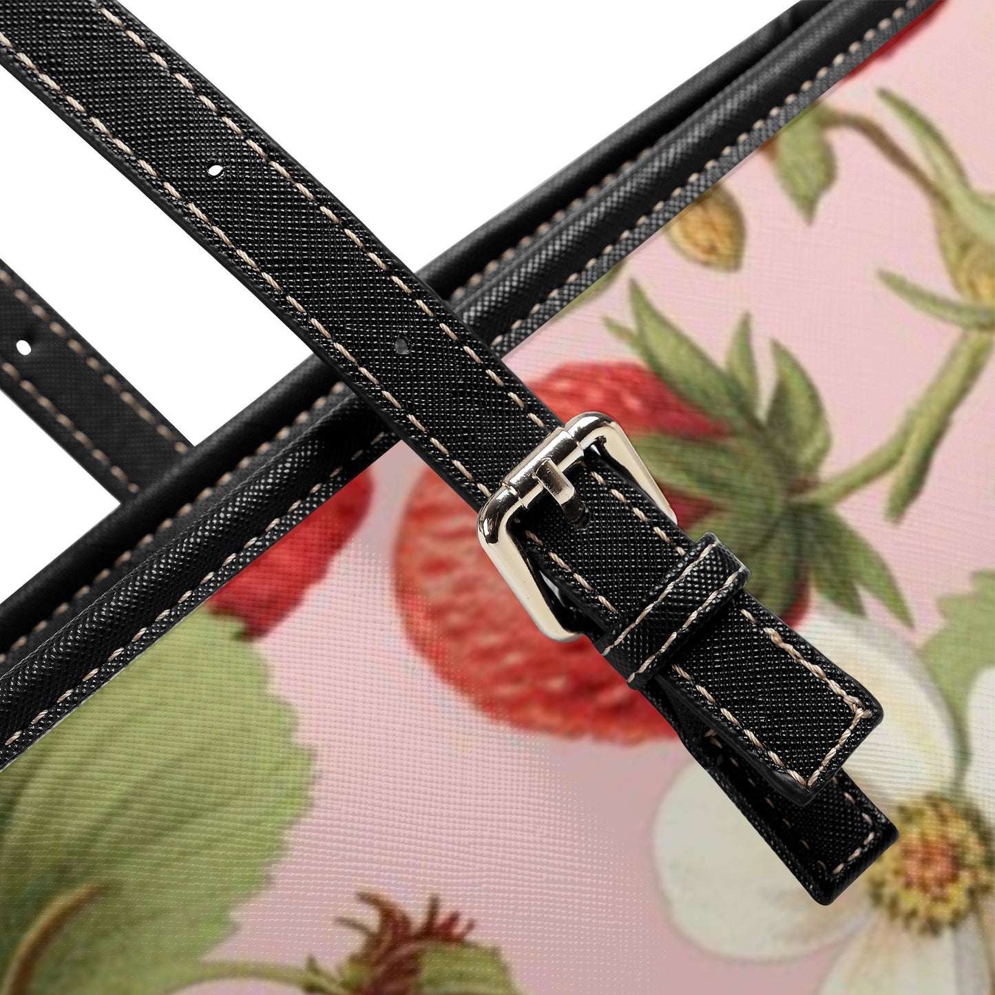 Strawberry Tote Bag Purse, Pink Floral Flowers Vegan Leather Print Handbag Women Zip Top Small Large Designer Handmade Shoulder
