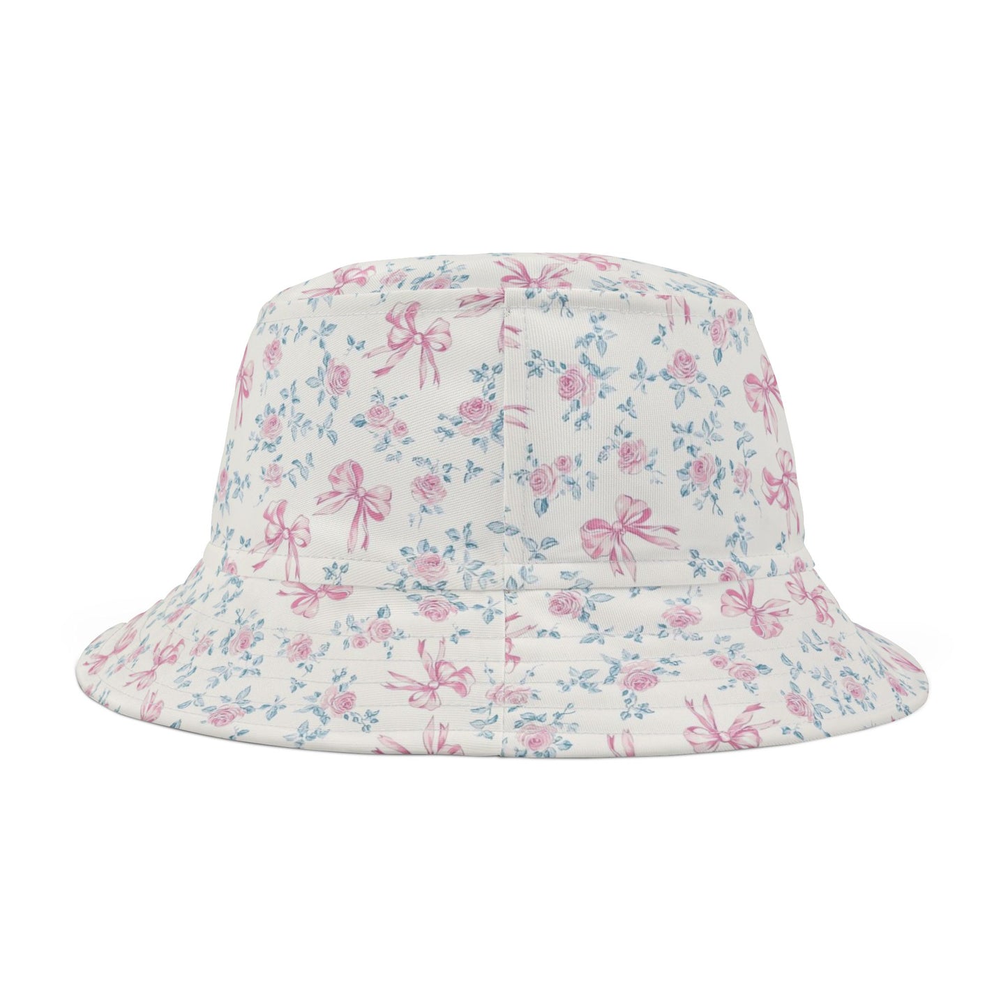 Pink Rose Bows Bucket Cap Hat, White Floral Flowers Print Beach Women Men Golf Summer Festival Cute Designer Sun Shade Ladies Small Large