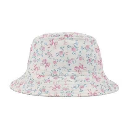 Pink Rose Bows Bucket Cap Hat, White Floral Flowers Print Beach Women Men Golf Summer Festival Cute Designer Sun Shade Ladies Small Large