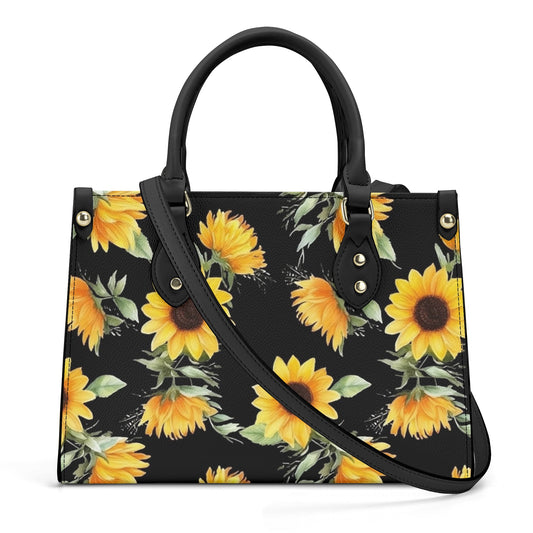 Sunflower Tote Bag Purse, Yellow Flowers Black Vegan Leather Print Handbag Women Zip Top Small Large Designer Handmade Shoulder Starcove Fashion