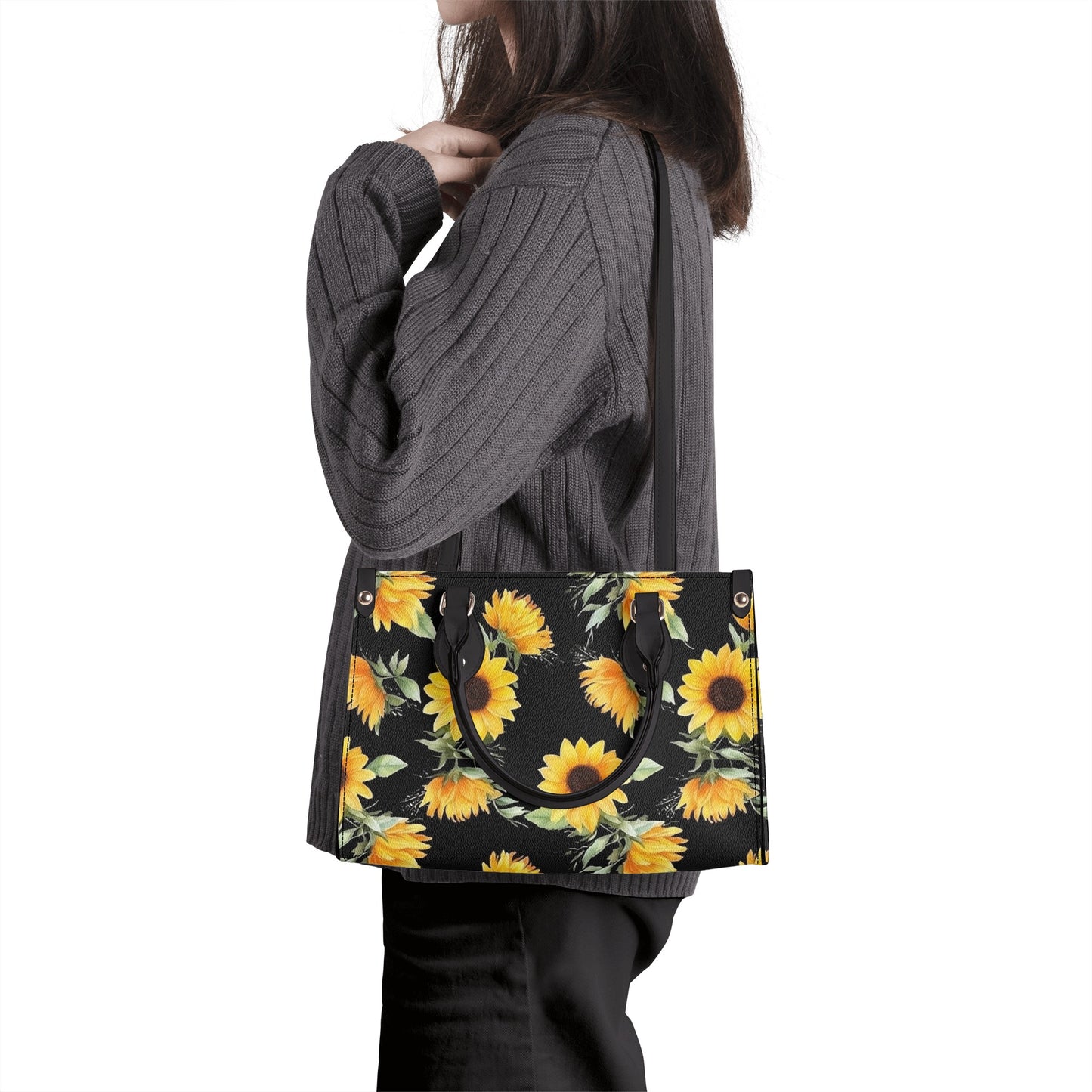 Sunflower Tote Bag Purse, Yellow Flowers Black Vegan Leather Print Handbag Women Zip Top Small Large Designer Handmade Shoulder Starcove Fashion