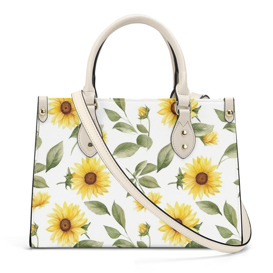 Sunflower Tote Bag Purse, Yellow Flowers White Vegan Leather Print Handbag Women Zip Top Small Large Designer Handmade Shoulder Starcove Fashion