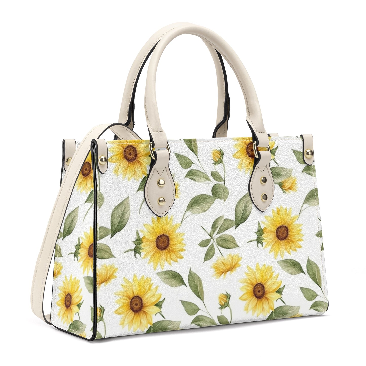 Sunflower Tote Bag Purse, Yellow Flowers White Vegan Leather Print Handbag Women Zip Top Small Large Designer Handmade Shoulder Starcove Fashion