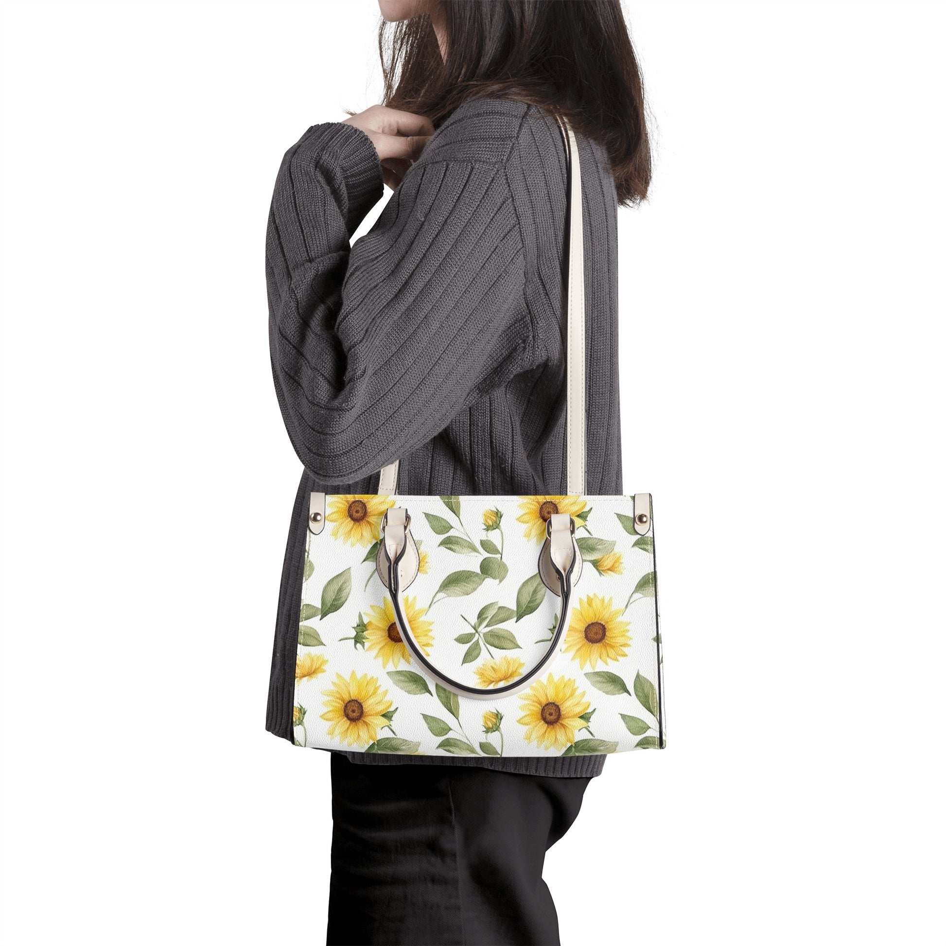 Sunflower Tote Bag Purse, Yellow Flowers White Vegan Leather Print Handbag Women Zip Top Small Large Designer Handmade Shoulder Starcove Fashion