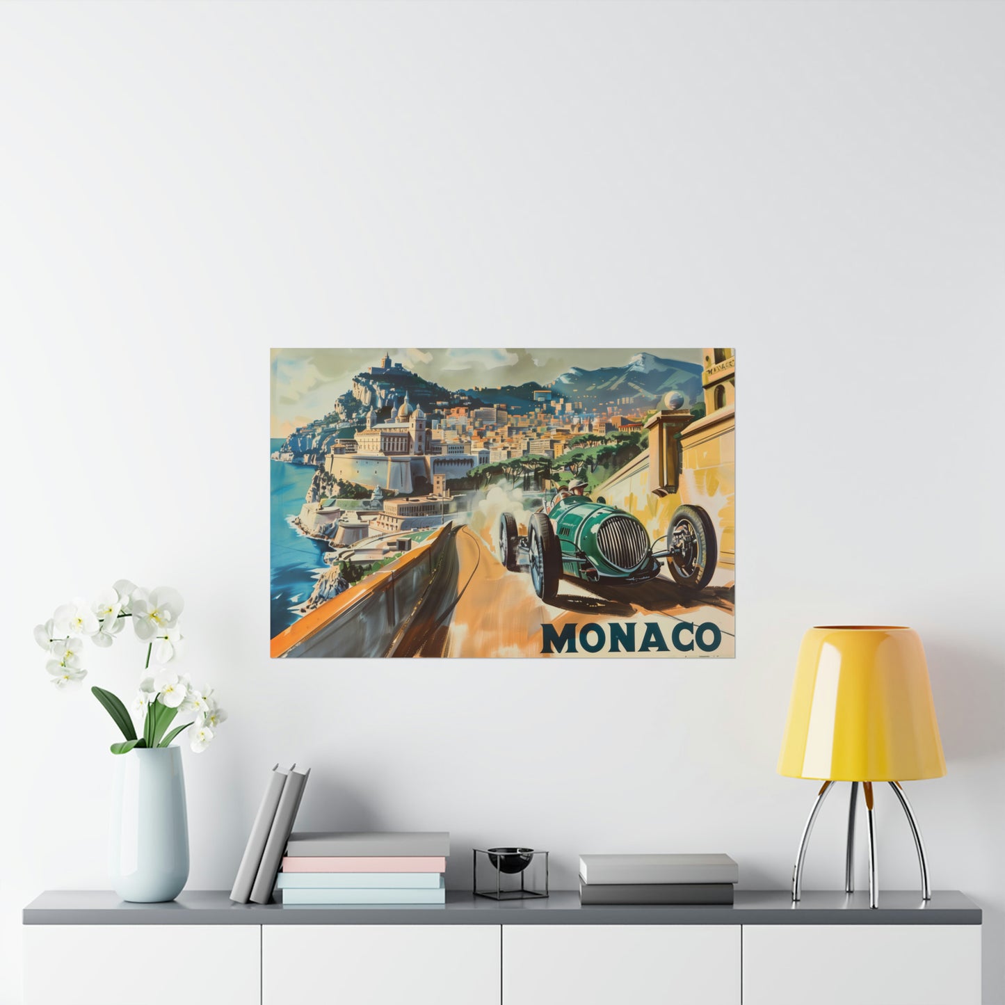Monaco Poster Print, France Race Car Castle Vintage Retro Wall Image Art Horizontal Travel Paper Artwork Small Large Room Office Decor
