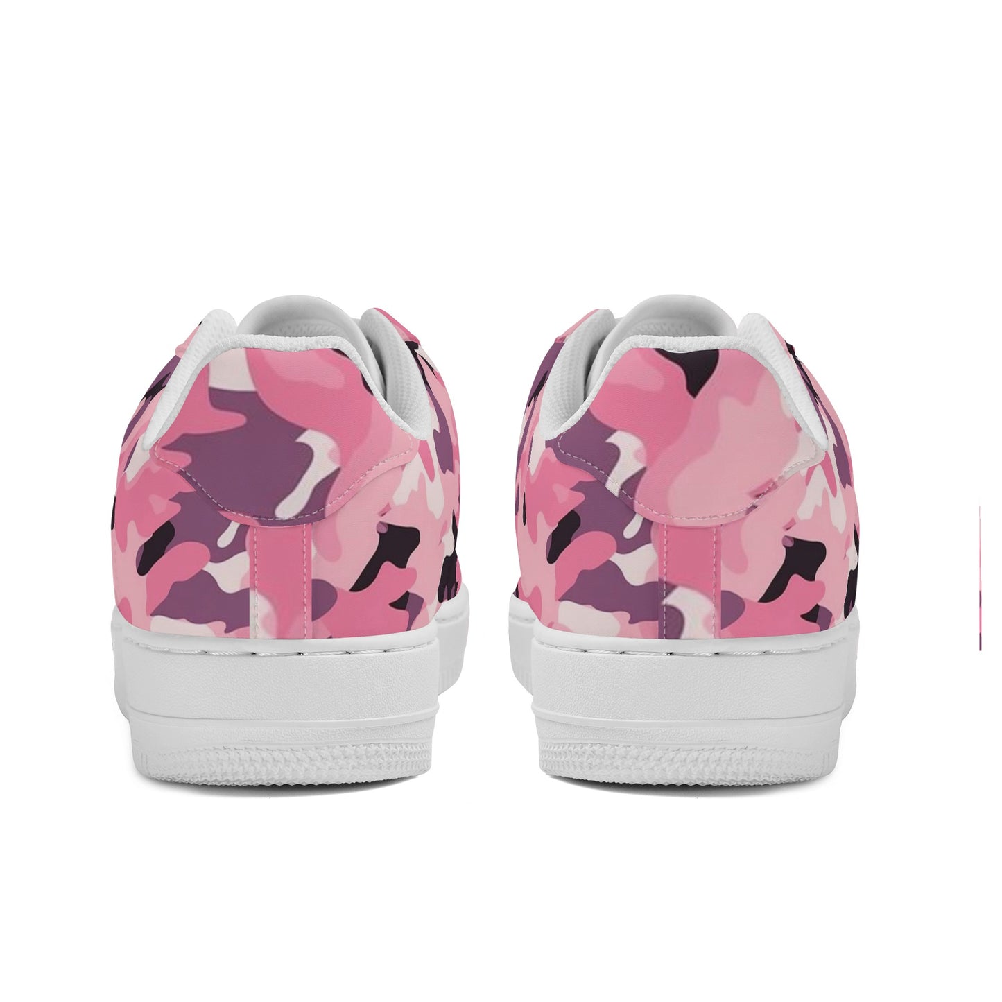 Pink Camo Women Vegan Leather Shoes, Camouflage Sneakers White Low Top Lace Up Custom Girls Aesthetic Flat Ladies