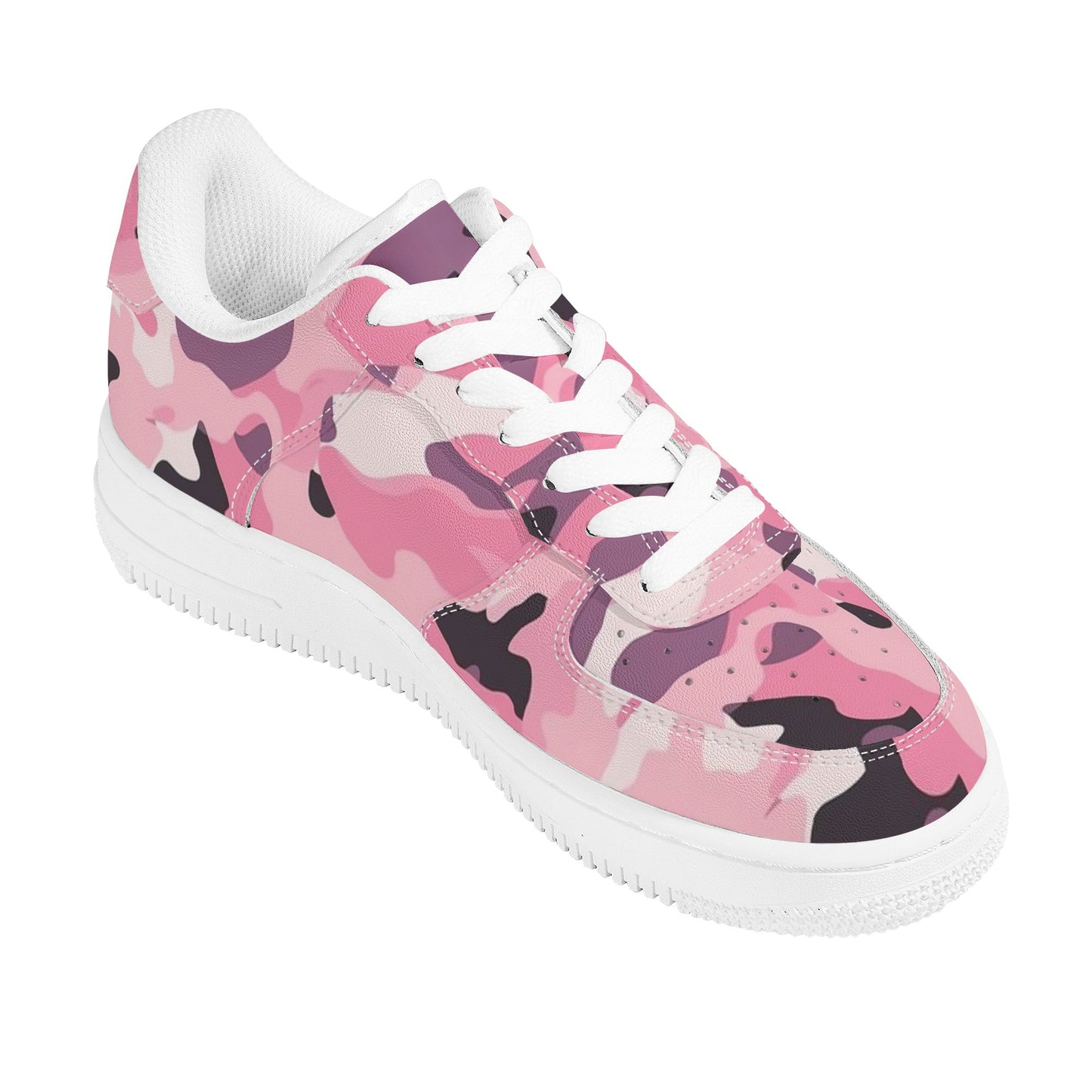 Pink Camo Women Vegan Leather Shoes, Camouflage Sneakers White Low Top Lace Up Custom Girls Aesthetic Flat Ladies Starcove Fashion