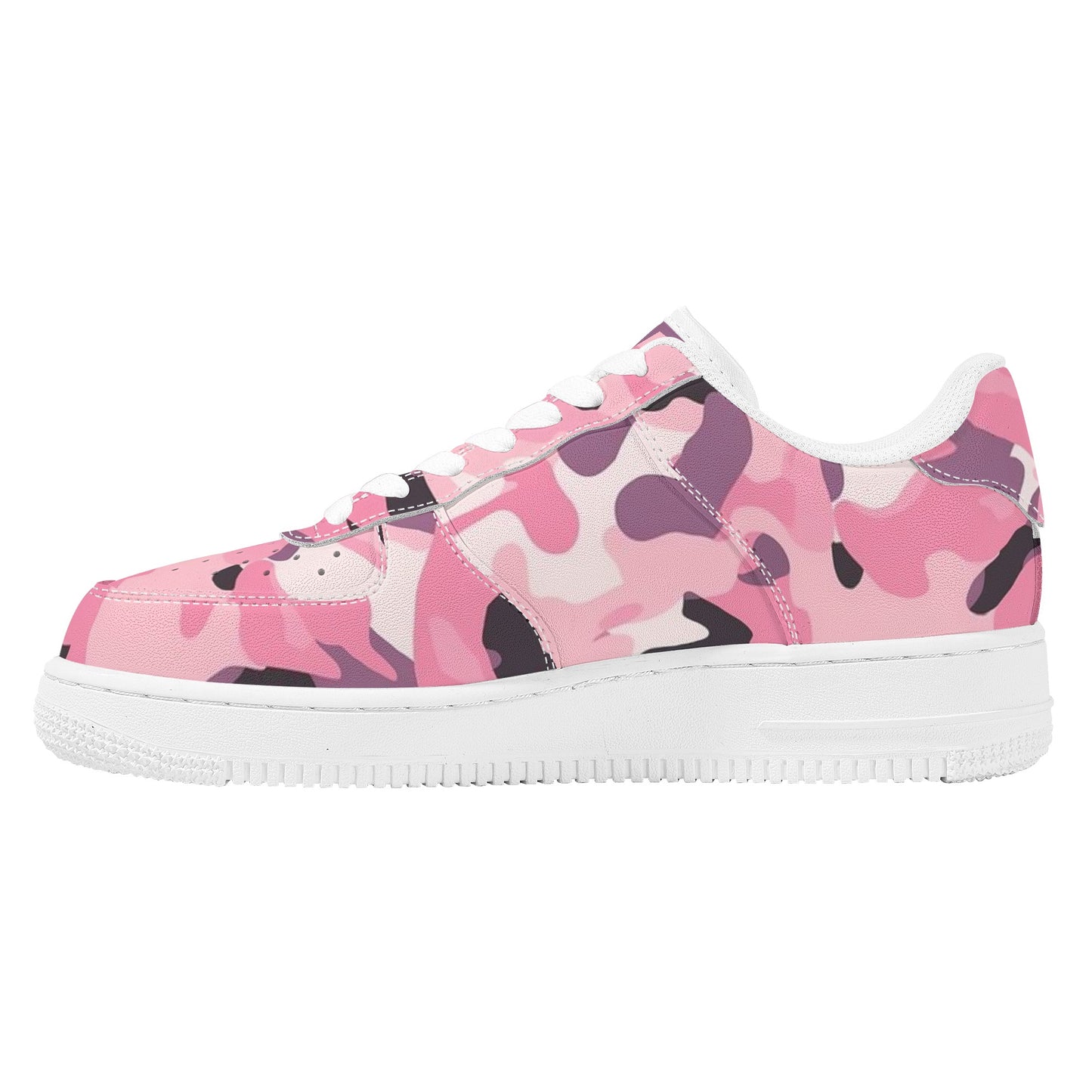 Pink Camo Women Vegan Leather Shoes, Camouflage Sneakers White Low Top Lace Up Custom Girls Aesthetic Flat Ladies Starcove Fashion
