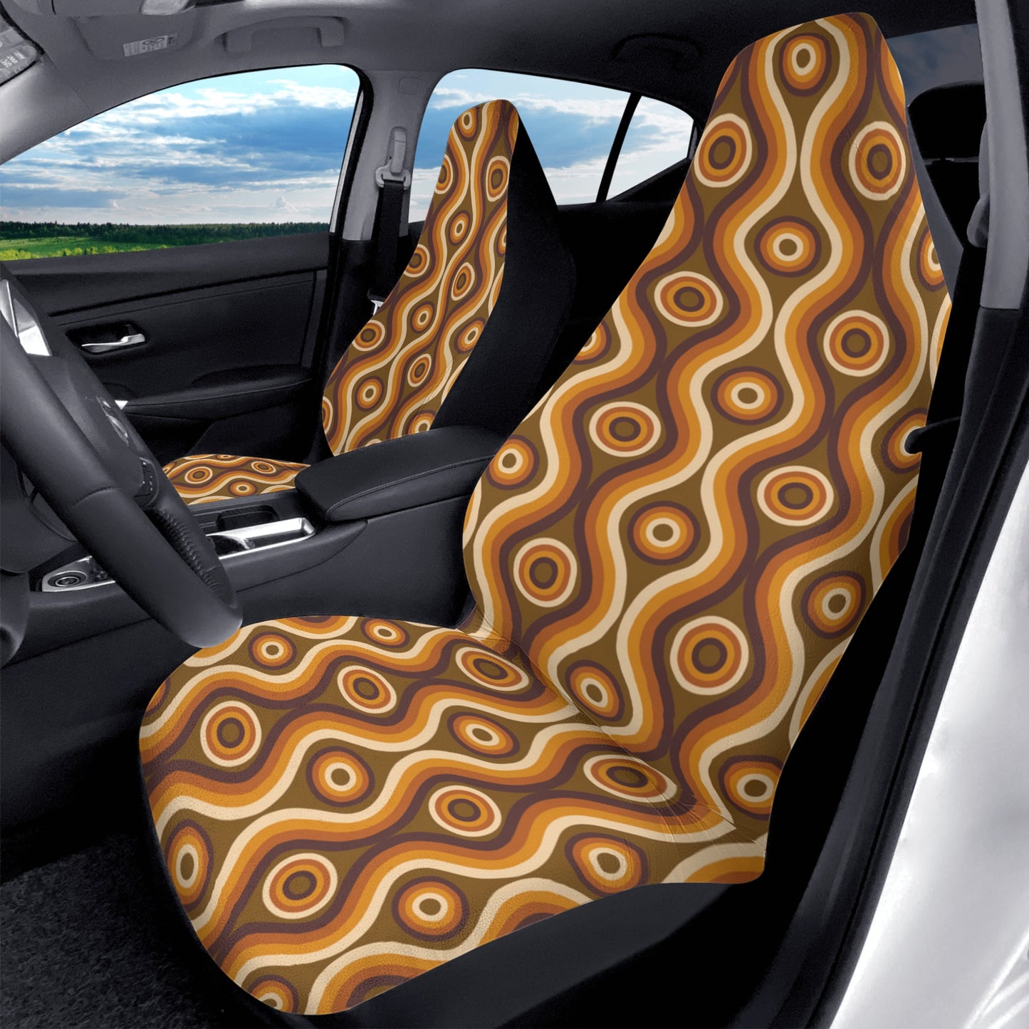 70s Retro Car Seat Covers (2 pcs), Brown Vintage Pattern Auto Front Seat Dog Pet Vehicle SUV Universal Protector Accessory Men Women Starcove Fashion