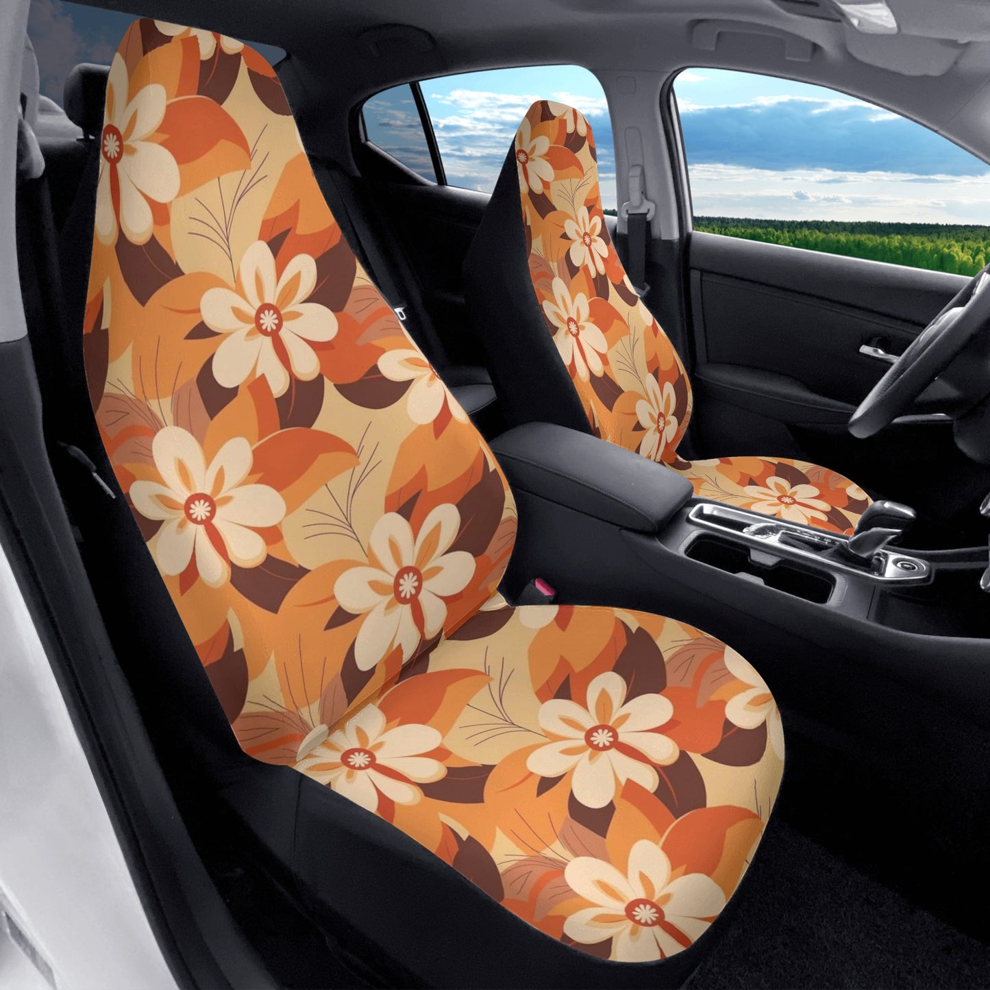 70s Floral Car Seat Covers (2 pcs), Retro Orange Brown Pattern Auto Front Seat Dog Pet Vehicle SUV Universal Protector Accessory Men Women Starcove Fashion