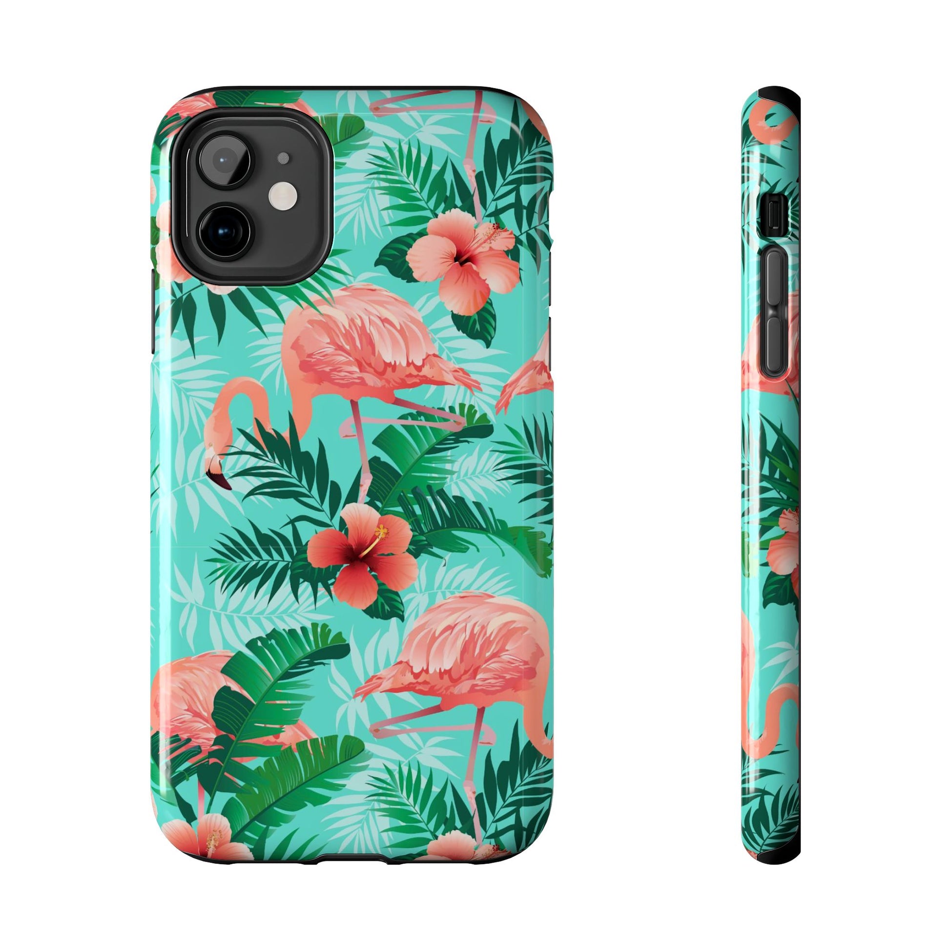 Pink Flamingo iPhone 17 16 15 14 13 12 11 Pro Max Case, Green Tropical Leaf Monstera Print Cute Gift XS XR X 7 Plus 8 Tough Cell Phone - Starcove Fashion
