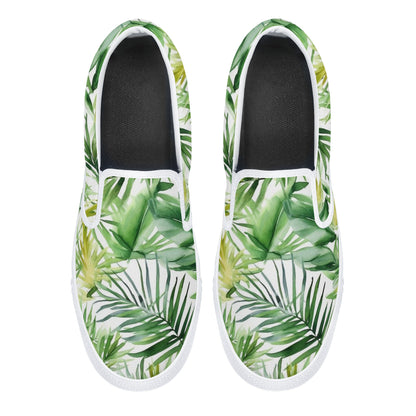 Tropical Men Slip On Canvas Shoe, Summer Leaves Sneakers Green White Low Top Casual Aesthetic Designer Shoes Starcove Fashion