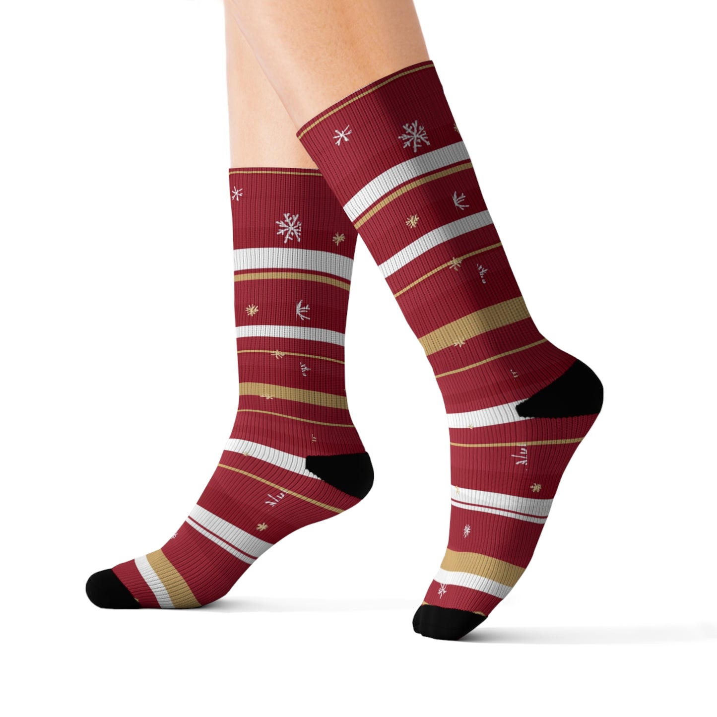 Candy Cane Stripe Socks, Snowflake Red White Christmas Crew Sublimation Women Men Designer Fun Novelty Cool Casual Cute Unique Dress