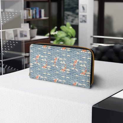 Koi Fish Leather Wallet Women, Ocean Japanese Wave Vegan Zipper Zip Around Coins Credit Cards Pocket Cash Ladies Female Pouch Slim Purse