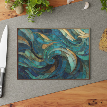Coastal Stained Glass Cutting Board, Ocean Waves Teal Mosaic Printed Wood Charcuterie Cheese Chopping Tempered Small Large Kitchen