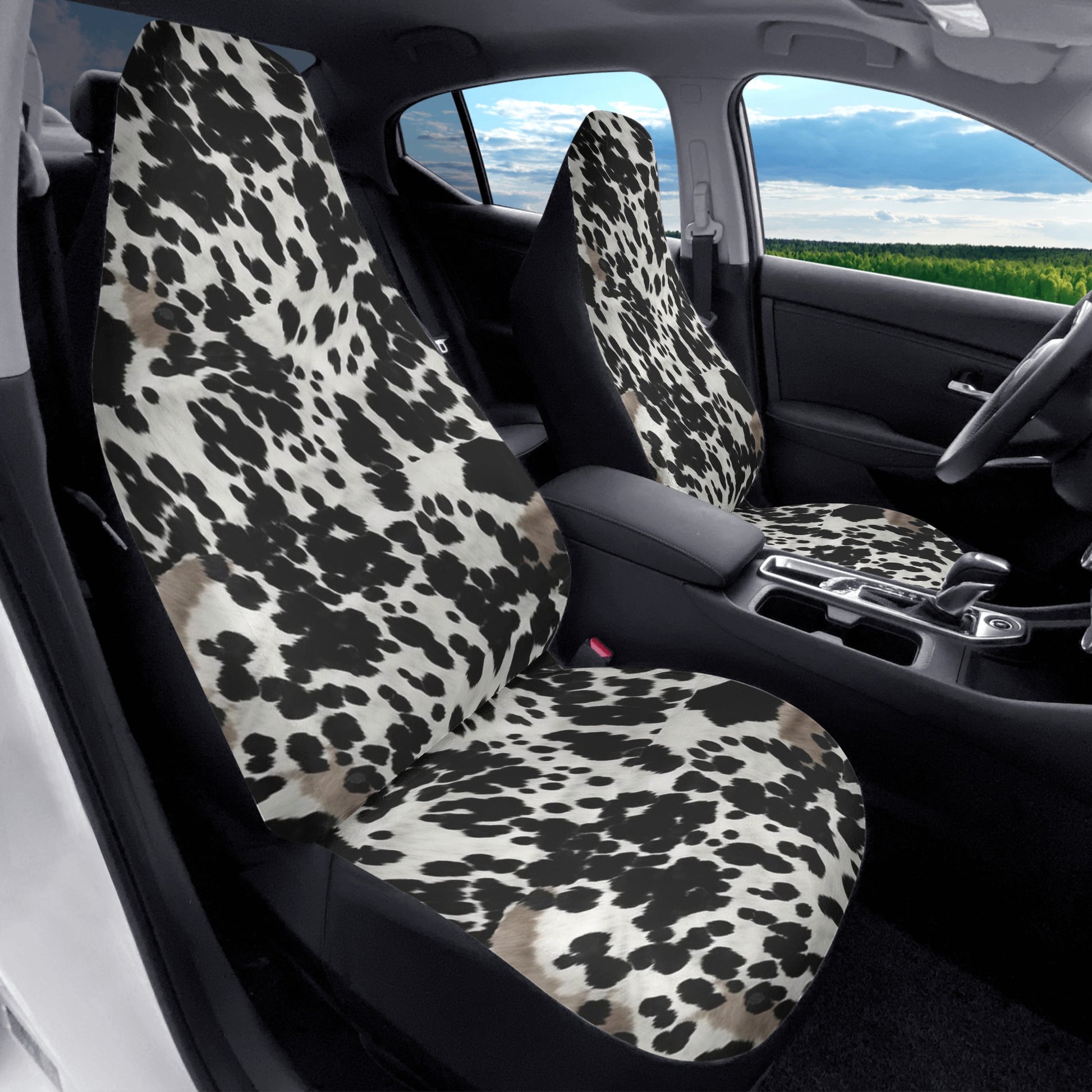 Cow Print Car Seat Covers (2 pcs), Black White Brown Pattern Auto Front Seat Dog Pet Vehicle SUV Universal Protector Accessory Men Women Starcove Fashion