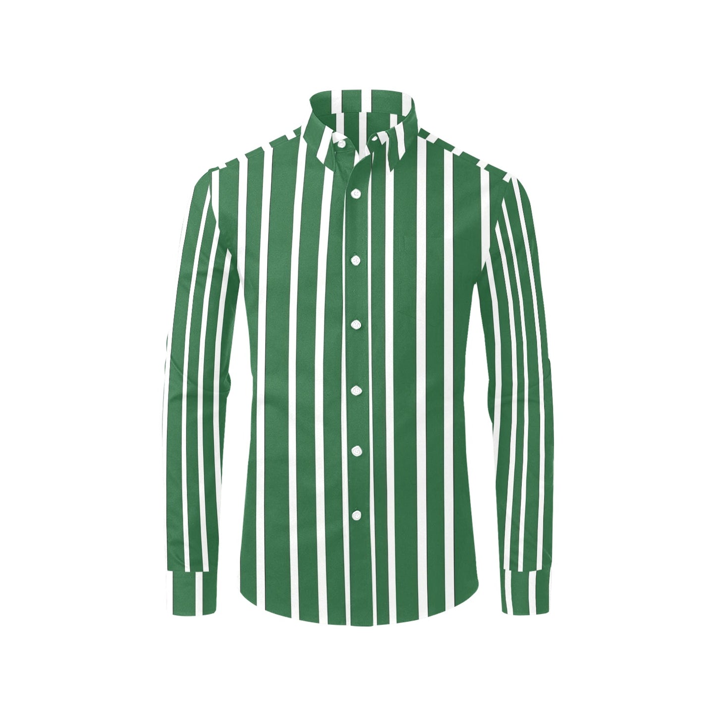 Green White Striped Men Button Up Shirt, Vertical Stripes Long Sleeve Buttoned Down Collar Male Guys Casual Dress Chest Pocket