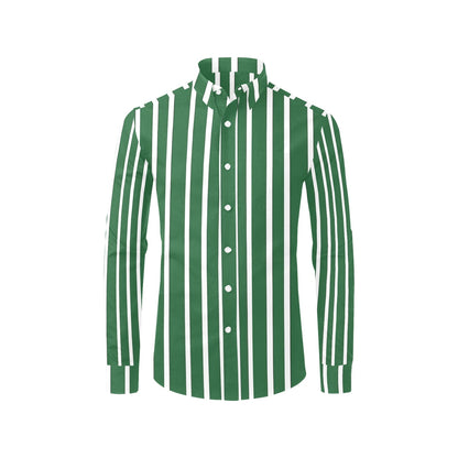Green White Striped Men Button Up Shirt, Vertical Stripes Long Sleeve Buttoned Down Collar Male Guys Casual Dress Chest Pocket