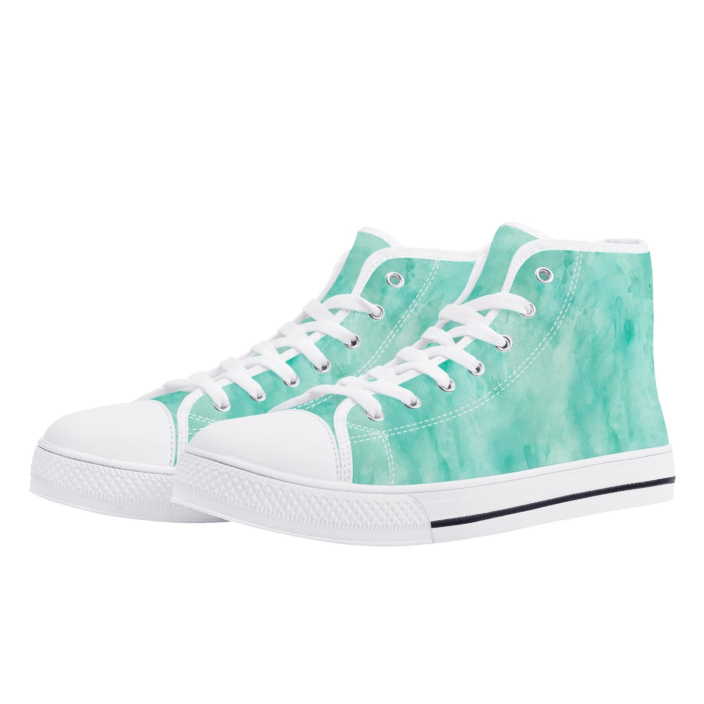 Teal Women High Top Shoes, Watercolor Green Lace Up Sneakers Footwear Canvas Streetwear Ladies Girls White Trainers Designer Gift Starcove Fashion