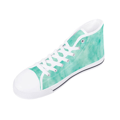 Teal Women High Top Shoes, Watercolor Green Lace Up Sneakers Footwear Canvas Streetwear Ladies Girls White Trainers Designer Gift Starcove Fashion