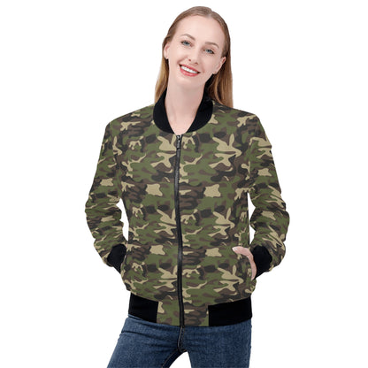 Camo Womens Bomber Jacket, Green Camouflage Streetwear Winter Vintage Varsity Warm Designer Plus Size Coat Starcove Fashion