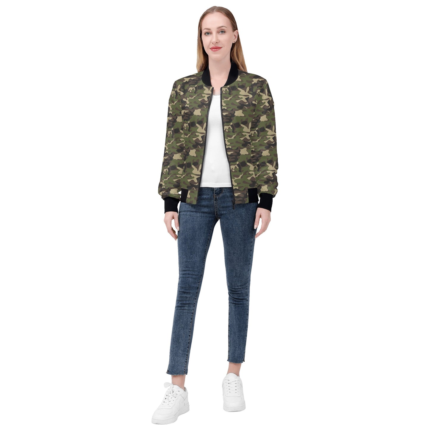 Camo Womens Bomber Jacket, Green Camouflage Streetwear Winter Vintage Varsity Warm Designer Plus Size Coat Starcove Fashion