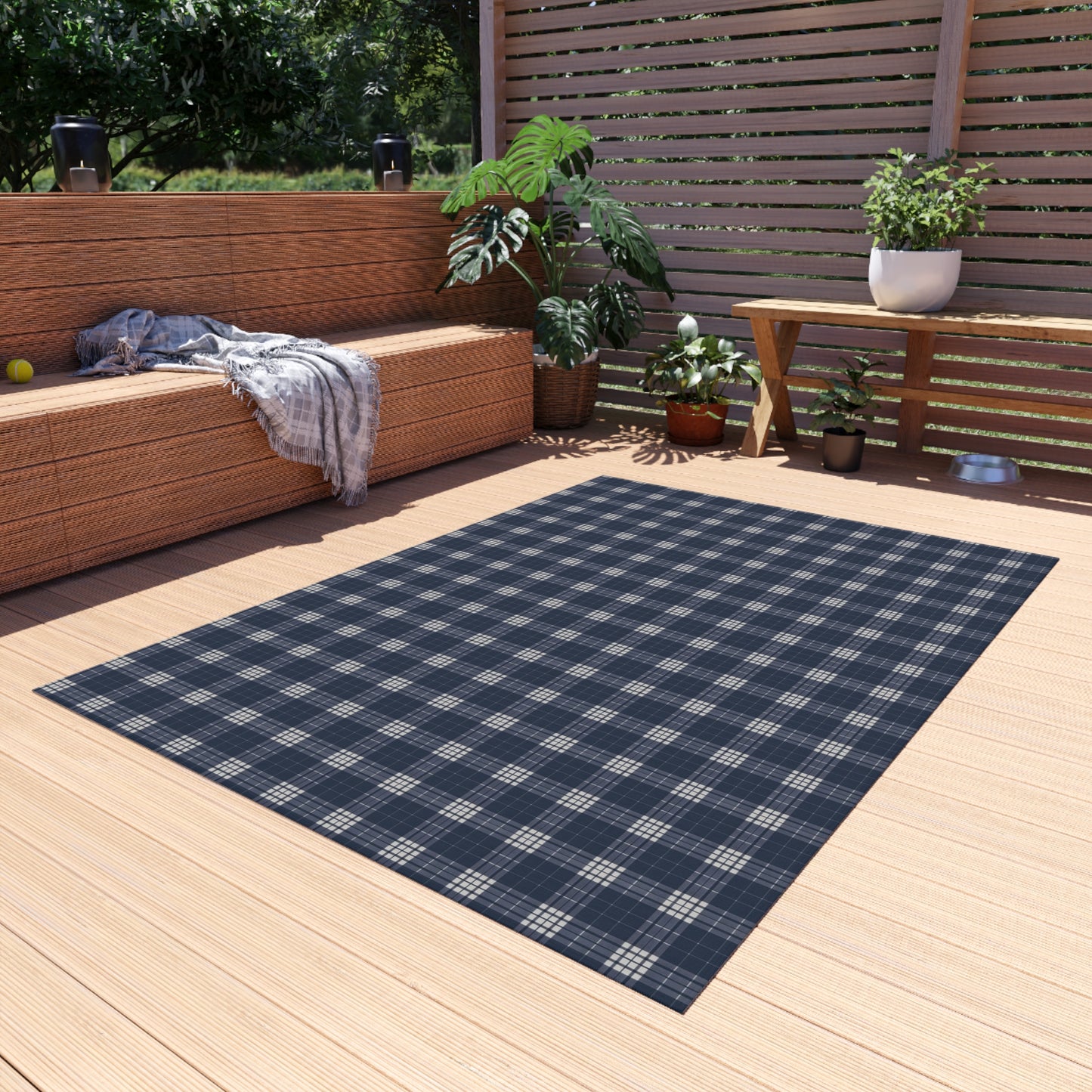 Blue Navy Grey Plaid Outdoor Area Rug, Tartan Check Waterproof Carpet Floor Decor Large 2x3 4x6 3x5 5x7 8x10 Patio Small Large Camping Mat