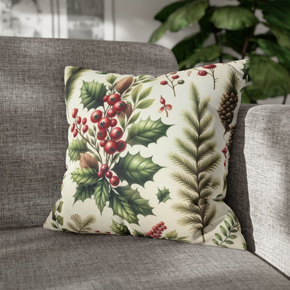 Festive Pine Cone Pillow Cover, Red Berries Botanical Christmas Xmas Watercolor Square Throw Decorative Cover Cushion 20 x 20 Zipper Holiday