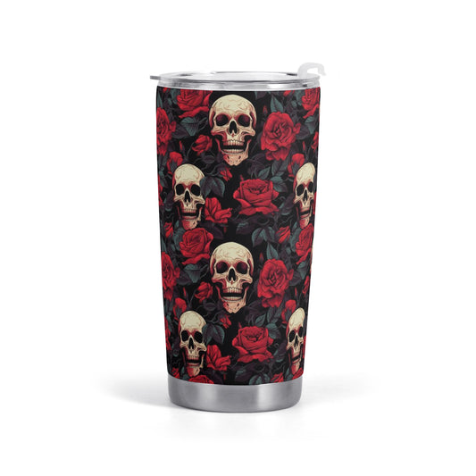 Skull Red Roses Stainless Steel 20oz Tumbler Travel Mug, Gothic Halloween Coffee Cup Vacuum Insulated Traveler Car Men Women Eco Friendly