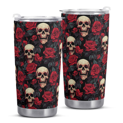 Skull Red Roses Stainless Steel 20oz Tumbler Travel Mug, Gothic Halloween Coffee Cup Vacuum Insulated Traveler Car Men Women Eco Friendly Starcove Fashion