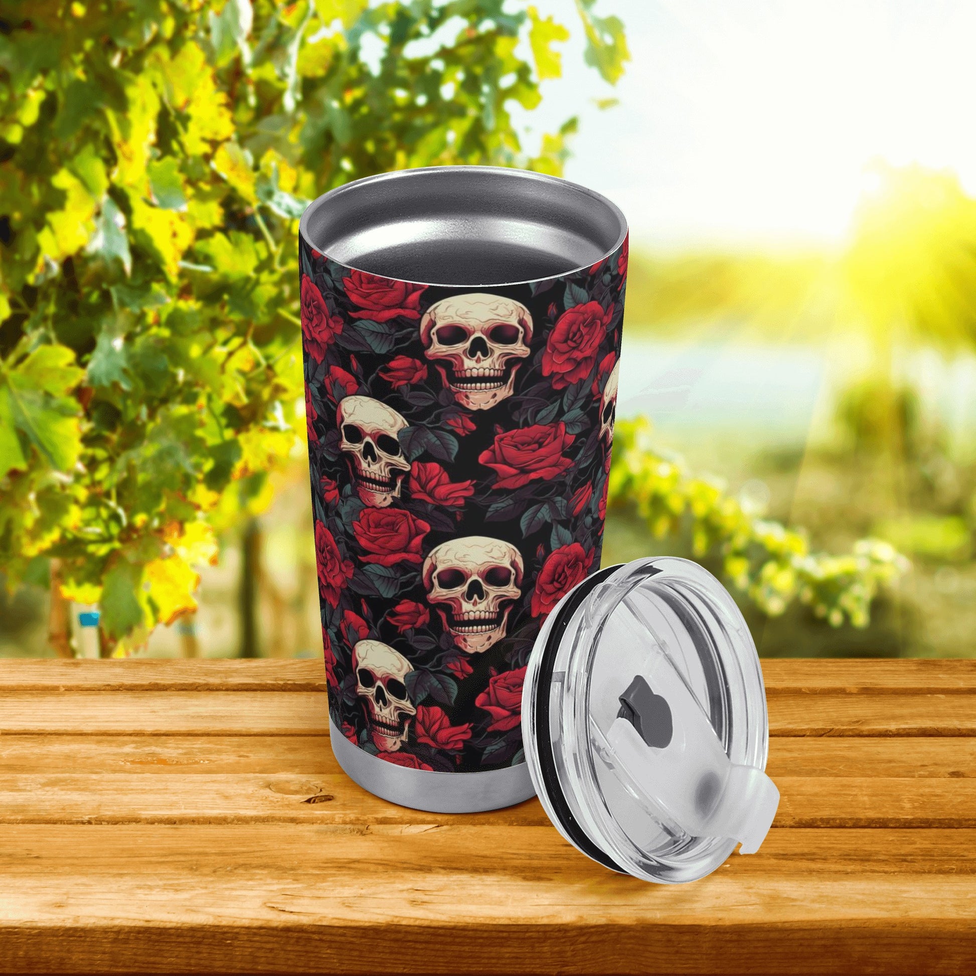 Skull Red Roses Stainless Steel 20oz Tumbler Travel Mug, Gothic Halloween Coffee Cup Vacuum Insulated Traveler Car Men Women Eco Friendly Starcove Fashion