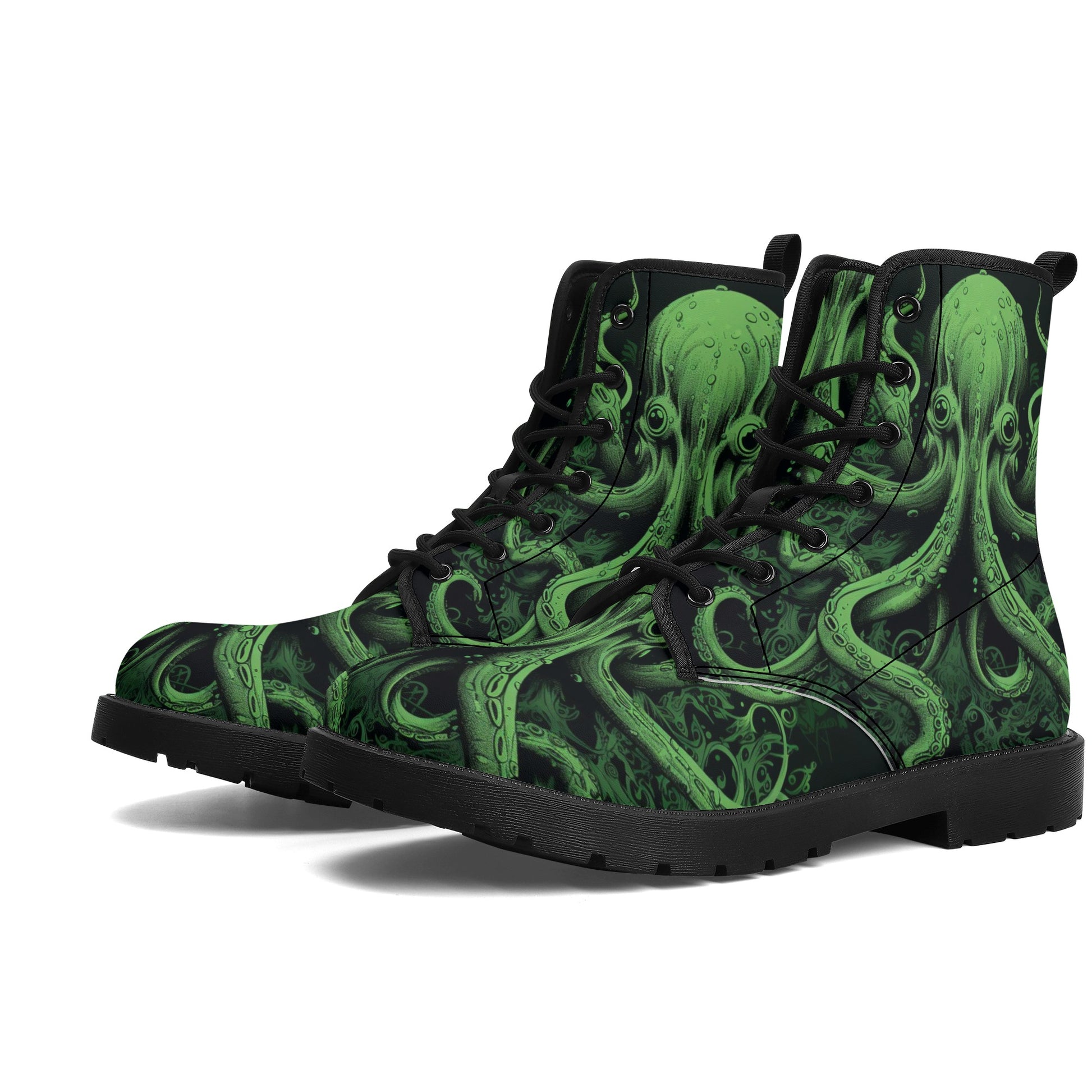 Octopus Men Leather Boots, Tentacles Green Vegan Lace Up Shoes Hiking Festival Black Ankle Combat Work Winter Waterproof Custom Gift Starcove Fashion