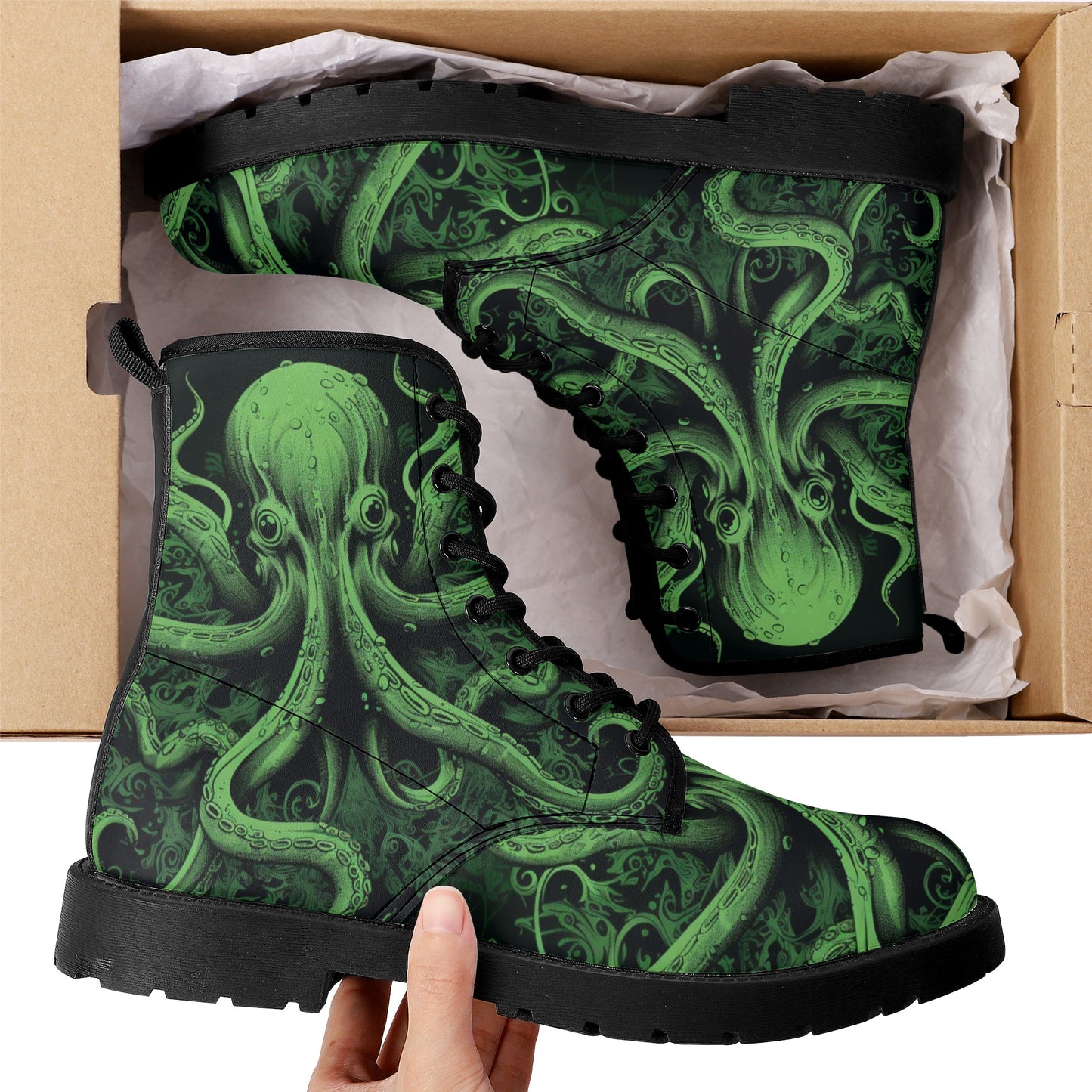 Octopus Men Leather Boots, Tentacles Green Vegan Lace Up Shoes Hiking Festival Black Ankle Combat Work Winter Waterproof Custom Gift Starcove Fashion