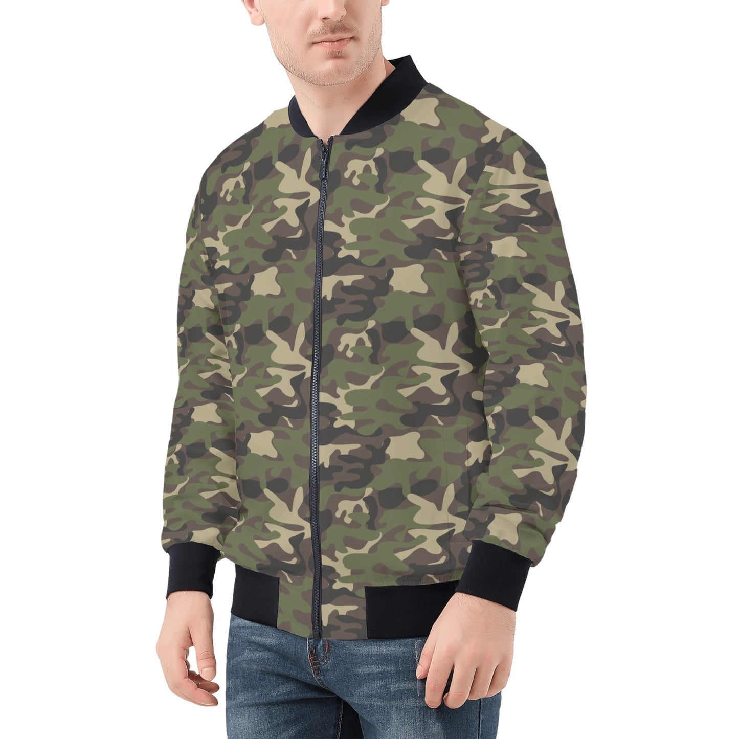 Camo Men Bomber Jacket, Green Camouflage Army Streetwear Unisex Winter Vintage Varsity Warm Designer Coat Outfit Plus Size